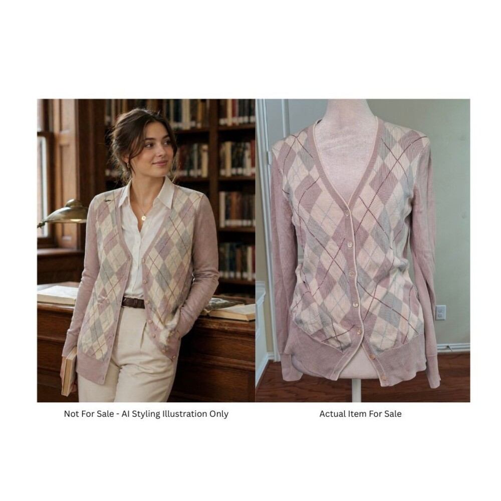 Brooks Brothers Women's Silk Cashmere Argyle Cardigan M Academia Preppy Classic